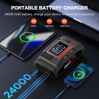 OUTLEV Jump Starter with Air Compressor for All Gas & 10.0L Diesel Engines, 6000A Jump Starter Battery Pack, Portable Power Bank, Safety Protection, Self-Driving Tour Essential