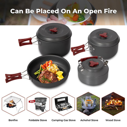 Bulin Camping Cookware Pots and Pans Set, Lightweight Backpacking Cooking Set Outdoor Cook Gear for Family Hiking Picnic (Kettle, Pot, Frying Pan, Bowls, Plates, Spoon)