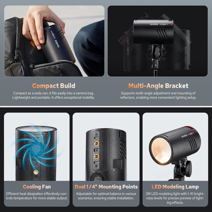 Godox AD100 Pro II AD100Pro II Pocket Outdoor Flash Strobe, 100Ws 2.4G TTL 1/8000s HSS Monolight, 0.01-1.5s Recycle, 490 Full Power Flashes, LED Modeling Lamp, GODOX AD 100 Pro II with Color Indicator
