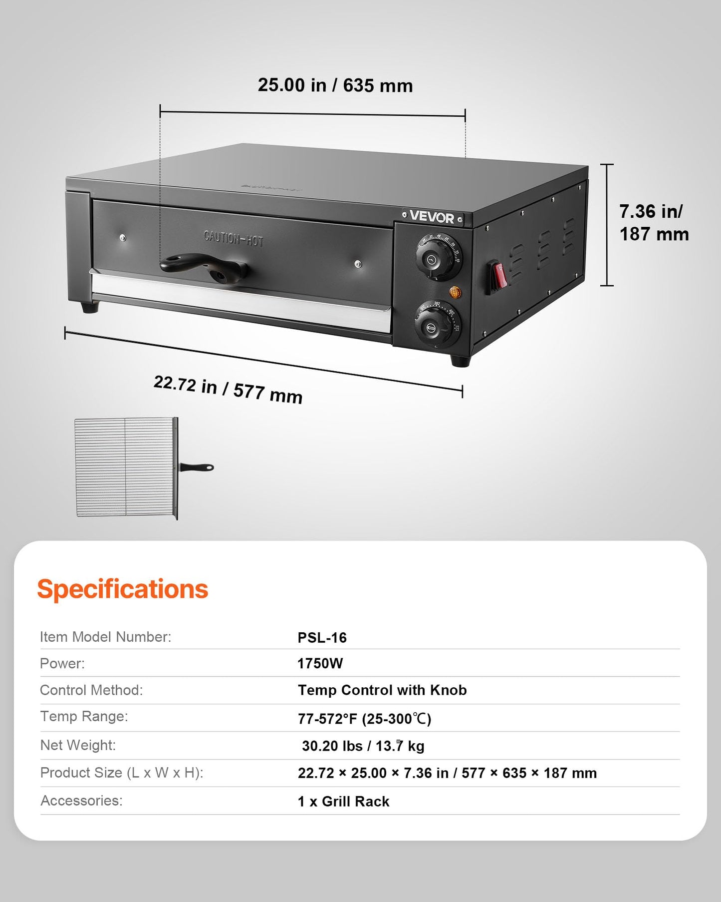 VEVOR Electric Pizza Oven, 16 in Countertop Pizza Oven, 77 to 572°F Temp Range, 1750W Indoor Pizzas Maker w/Timing & Temp Control, Pizzas Cooker w/Dual Heat Tube, Grill Rack, for Kitchen & Commercial