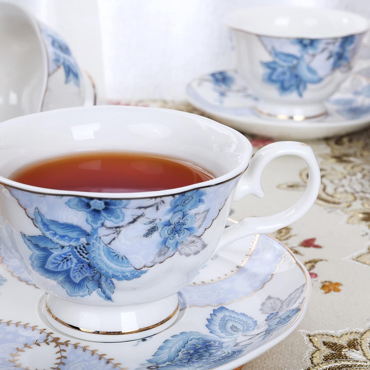 Set 6(5 oz), fanquare Floral Coffee Cups of Porcelain Cappuccino Cups with Saucers, Tea Cup for Birthday Wedding Party
