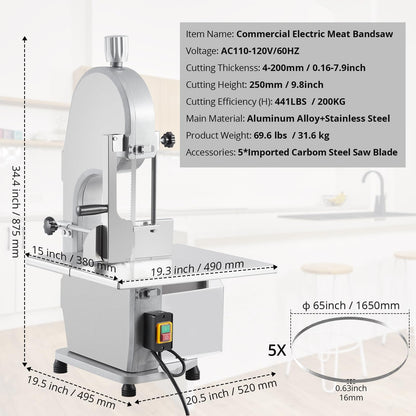 1500W Commercial Electric Bone Saw Machine, Frozen Meat & Bone Cutter with 5 Saw Blades, Adjustable 0.16-7.09 Inch Thickness, 19.3"x15" Stainless Work Table for Butcher Shops, Restaurants, Supermarket