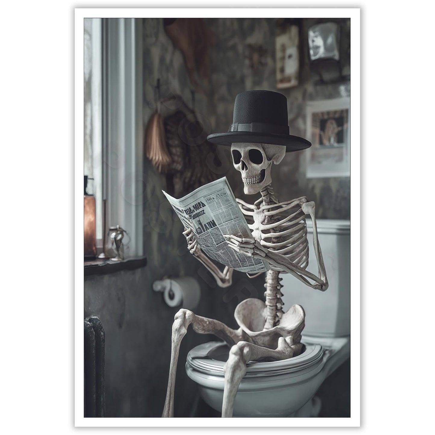 Funny Horror Skeleton Reading A Newspaper In The Toilet Print Picture Poster Whimsical Creepy Canvas Painting Wall Art Home Bathroom Room Decor Aesthetics 12X18 in Unframed
