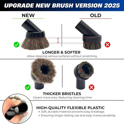 1.25 Inch Horse Hair Vacuum Brush Attachment & 2-1/4'' to 1 1/4'' Vacuum Adapter for Shop Vacs - Premium Soft Horsehair Round Dust Brush: Perfect for Vacuuming Sofas, Furniture Surface and Baseboards