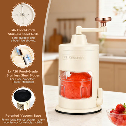 Manual Ice Shaver Hand Crank Ice Crusher - Dual Base (Vacuum Suction & Non-Slip Ring), Food Grade Snow Cone Maker (Vacuum suction cup)
