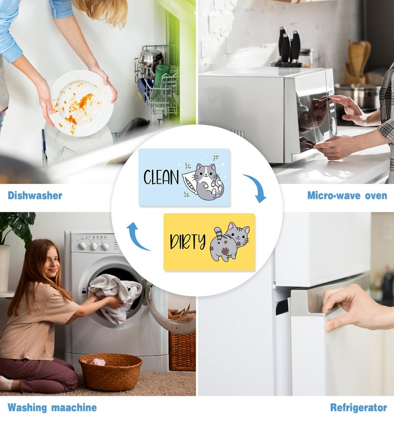 Funny Cute Cartoon Cat Dishwasher Magnet Clean Dirty Sign, Double Sided Dirty Clean Dish Washer Magnet Indicator for Kitchen