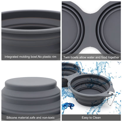 SLSON Collapsible Dog Bowls,Integrated Molding Dog Double Bowl No Plastic Rim 2 in 1 Foldable Pet Food & Water Bowl Cat Feeder Dish for Walking,Hiking,Camping (Cold Grey)