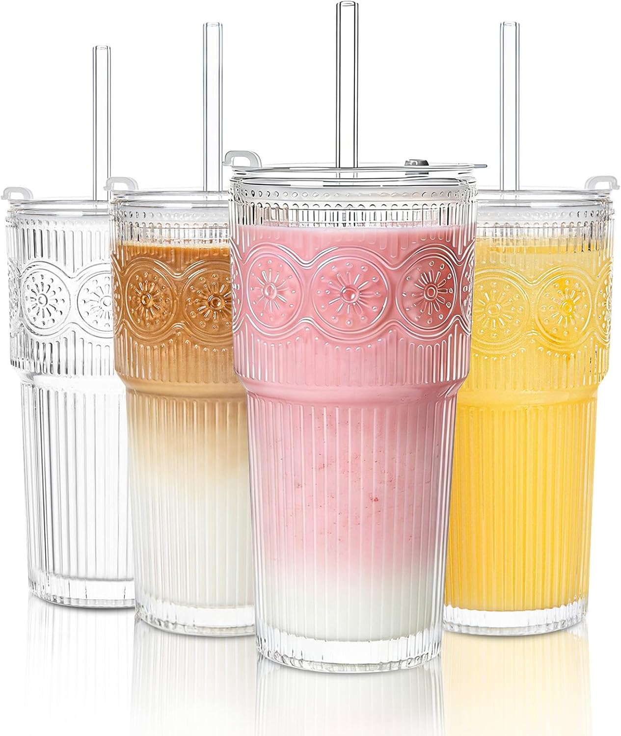 20oz Set 4 SoulTimes Ribbed & Floral Glass Tumbler of Reusable Glass Cups with Lid and Glass Straw, To-Go Iced Coffee