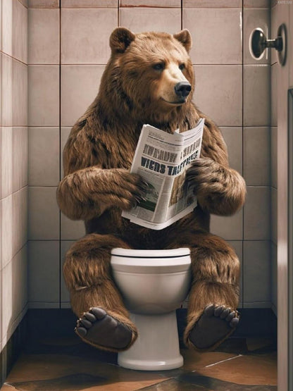 Bear Sitting on Toilet Diamond Drawing Art Kit for Adults Minimalist Funny Bathroom Toilet Art DIY Diamond Art Painting for Beginners Full Drill Round Gem Art Painting for Home Wall Decor 12x16 inch