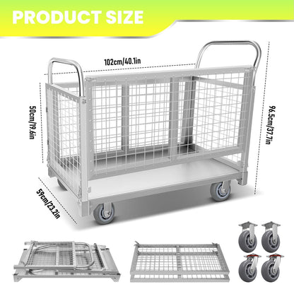 2200LBS Capacity Reinforced Flatbed Truck for Warehouses, Heavy-Duty Platform Truck Cart with Cage, Maneuverable Platform Trucks with 360° Wheels, Versatile Platform Truck for Home & Business.