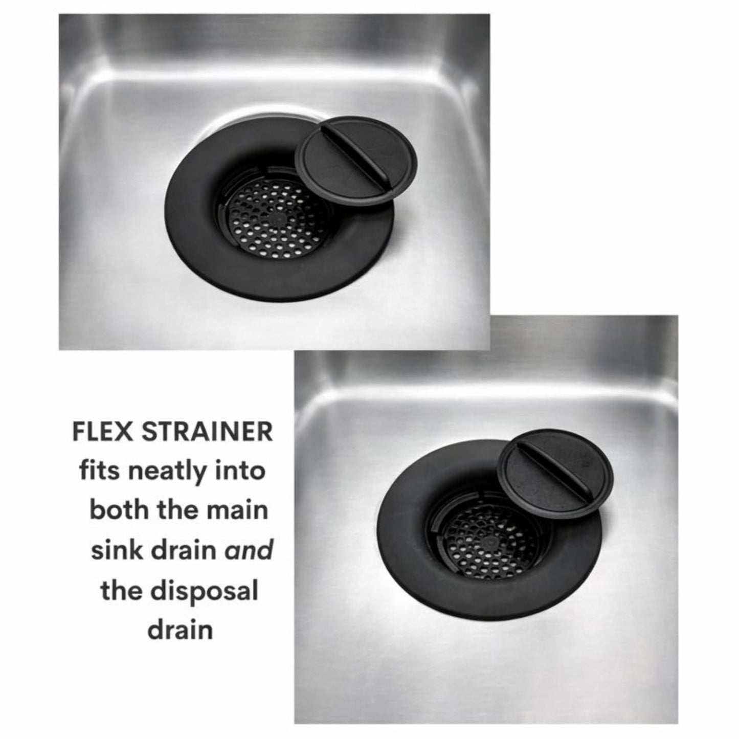 Flex Strainer® Sink Drain Strainer with Optional Stopper – No Center Stem, Fits Standard 3½” Sink Drains & Disposals – Easy Clean, Dishwasher Safe – Made in USA – Black, 2-Pack