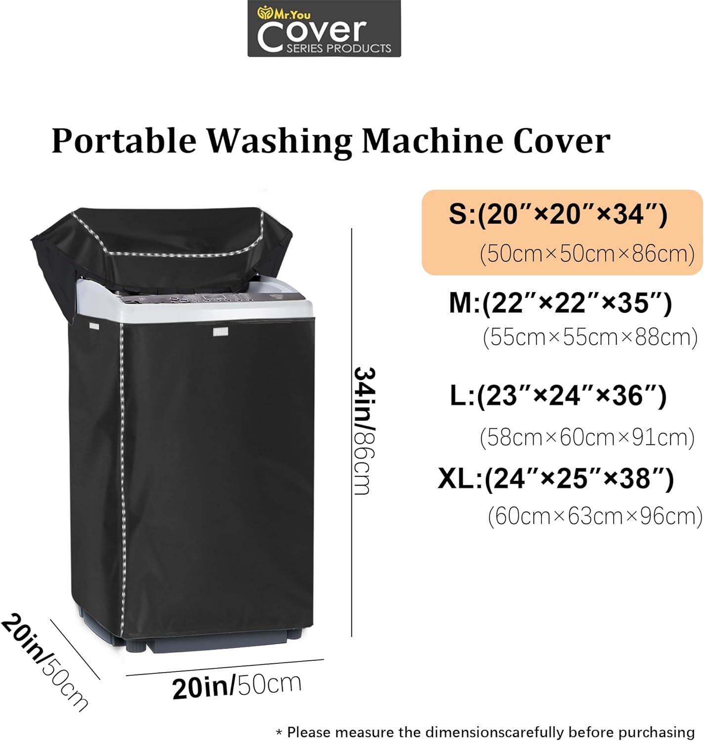 Portable Washing Machine Cover, Waterproof Top Load Washer Dryer Cover (20" x 20" x 34", Black)
