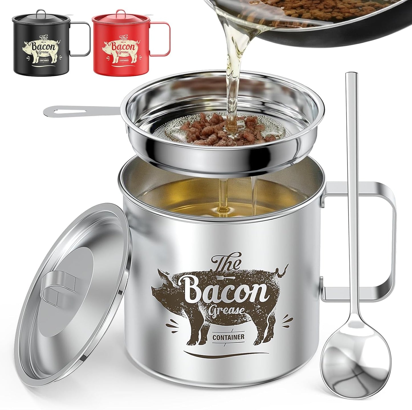 20 OZ PGYARD Mini Bacon Grease Saver With Strainer - Stainless Steel Oil Container, Farmhouse Bacon Grease Keeper