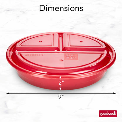 GoodCook Meal Prep Containers Set Microwave & Dishwasher-Safe Round Food Organizers with Labeled Compartments BPA-Free Food Storage Set with Snap Shut Lids Portion Control, 10-Pieces, Red