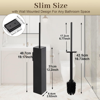 2 3M Toilet Brush and Holder Wall Mounted, Black Aluminum with Replaceable Heads, Bathroom Toilet Brush, Drill