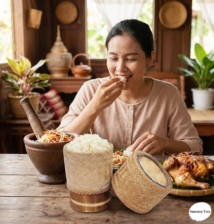 Heavens Tvcz Handwoven Bamboo Sticky Rice Box 3.4" | Thai Traditional Rice Basket with Lid | Eco Food Container – Perfect for Asian Food Serving & Home Deco