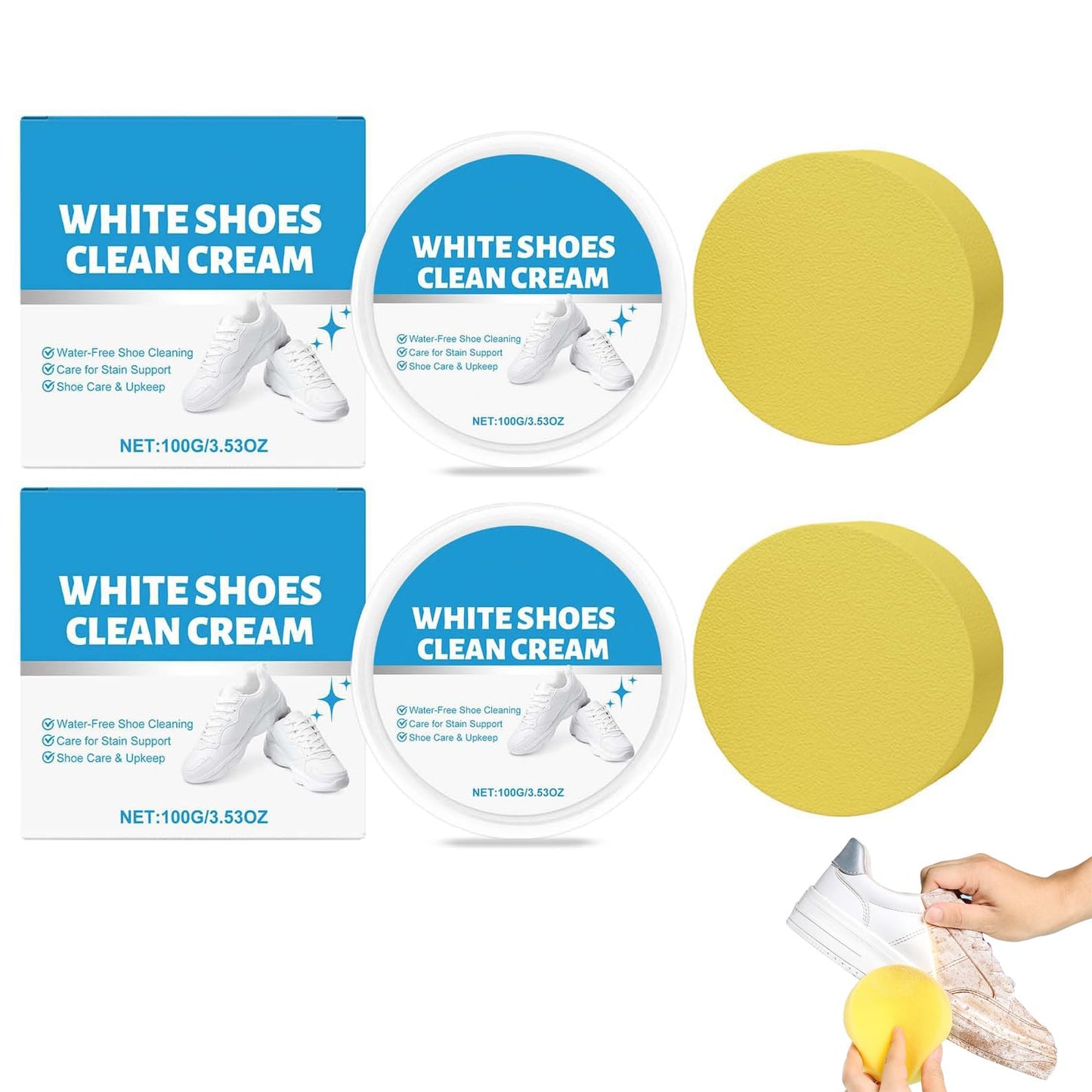 UUZO White Shoe Cleaner Cream, No-Wash Solid Cleaning Paste with Sponge, Multipurpose WhiteShoe Cleaner Paste, Removes Stains and Dirt, for Leather, Silicon, Car Interiors, 2 Pack