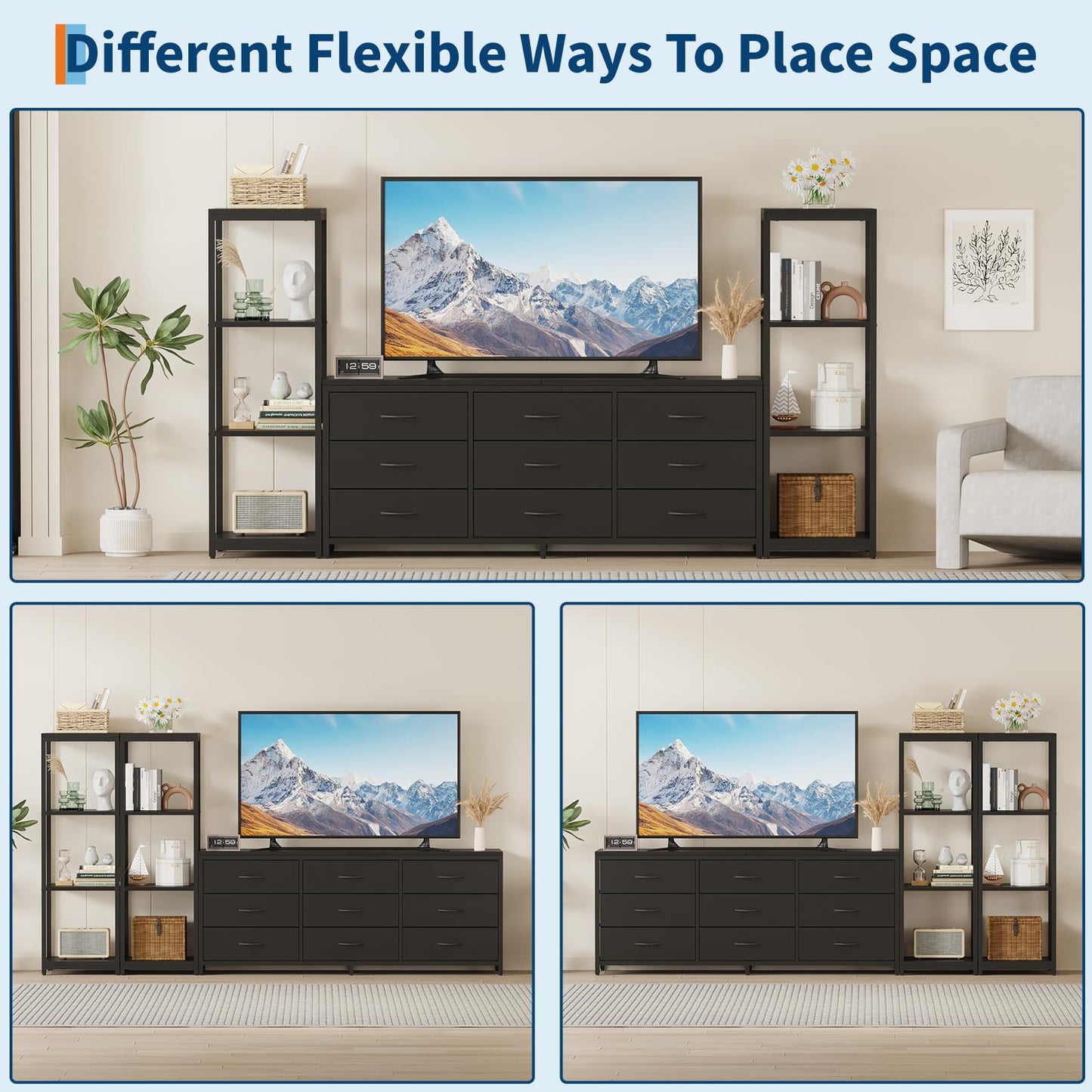 GarveeHome TV Stands Dresser with 9 Fabric Drawers, Large Entertainment Center with 2 Industrial 4-Tier Storage Shelves, Modern TV Console Cabinet for Living Room