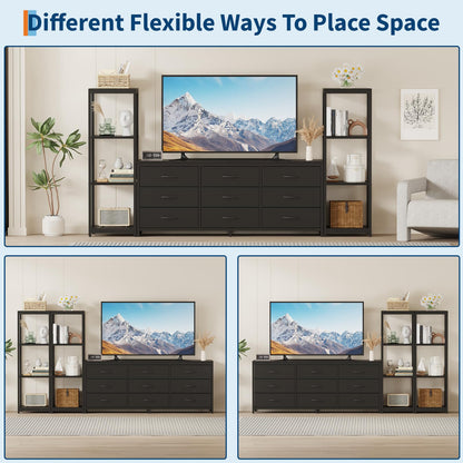 GarveeHome TV Stands Dresser with 9 Fabric Drawers, Large Entertainment Center with 2 Industrial 4-Tier Storage Shelves, Modern TV Console Cabinet for Living Room