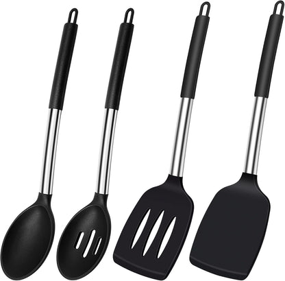 Silicone Spatula Spoon Set, 4 Pack - Solid Turner, Slotted Spatula, and Kitchen Spoons for Cooking and Baking