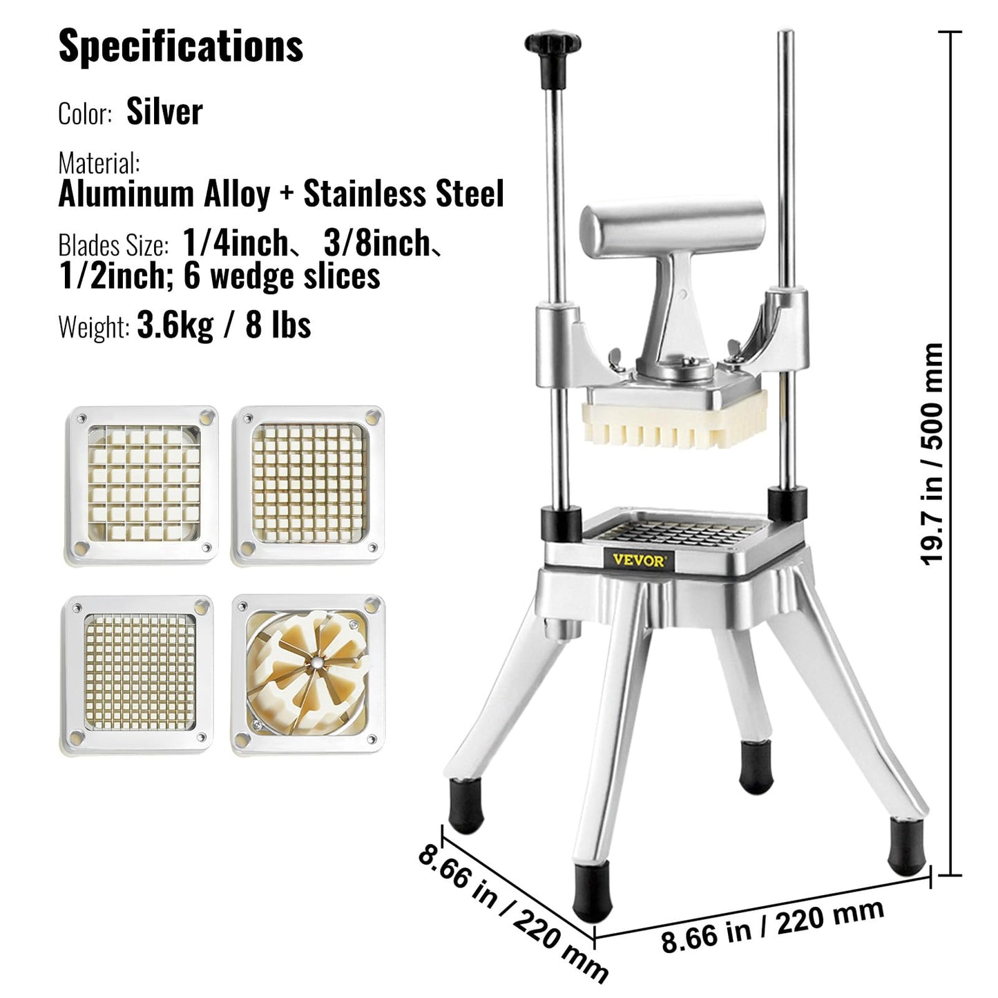 VEVOR Commercial Vegetable Fruit Chopper, Stainless Steel French Fry Cutter w/ 4 Blades 1/4" 3/8" 1/2", Vegetable Chopper Dicer w/Stainless Bowl, Heavy Duty Cutter for Potato Tomato Onion Mushroom