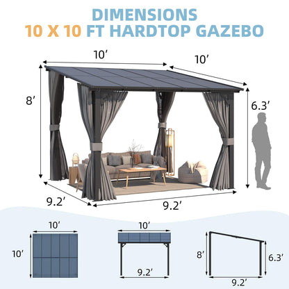AECOJOY 10’ x 10’ Gazebo, Wall Mounted Gazebos Pergola with Curtains and Mosquito Netting, Enhanced Protective Outdoor Patio Lean to Gazebo Awnings for Deck, Porch, Backyard and Outside