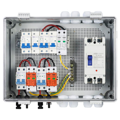 PV Combiner Box 2 String Solar Distribution Box with 25A, 250A DC Circuit Breakers, 63A,125A AC Circuit Breakers, and Surge Protection. Solar PV Breaker Box Perfect for 8K-10KW Solar Inverter Systems