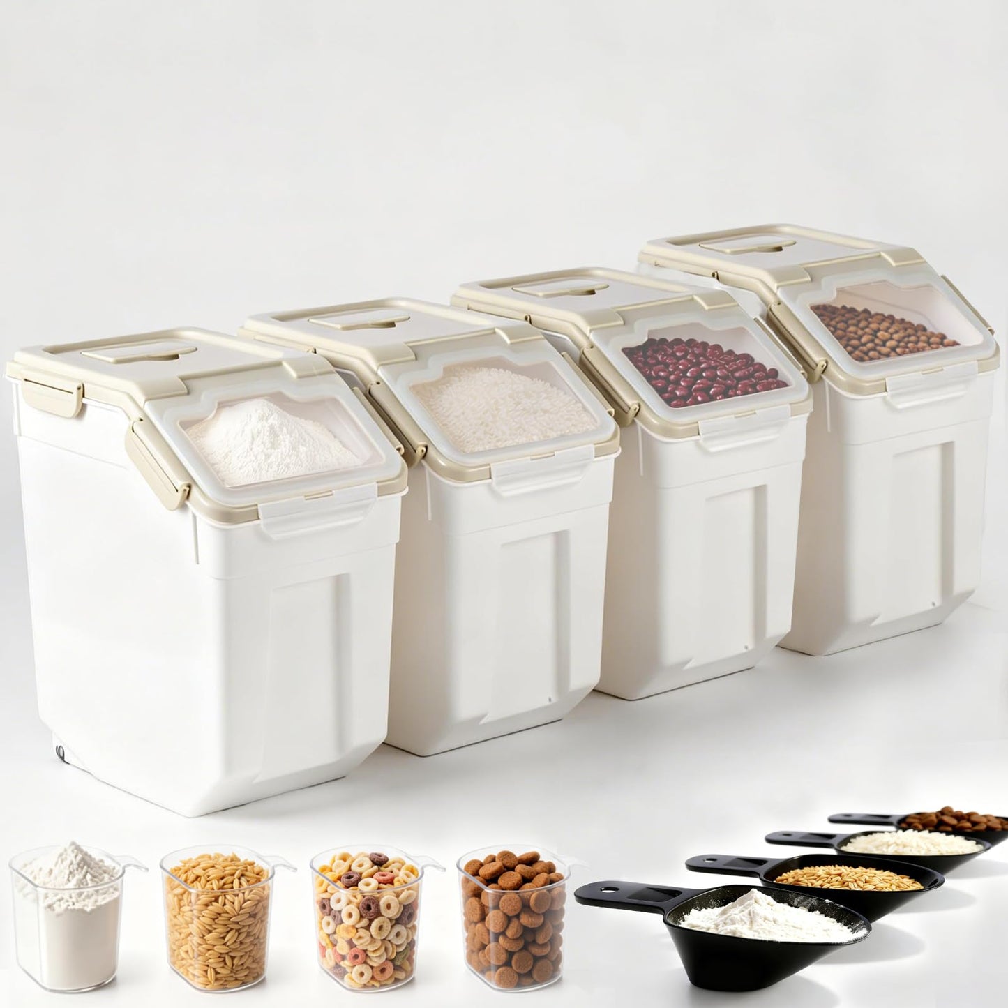 RUIAN 25lb Flour Rice Storage Containers Bin, Large Airtight Storage Container with Wheels Seal Locking Lid, with Measuring Cup&Scoop for Flour, Rice, Grain(Gray 4PCS)