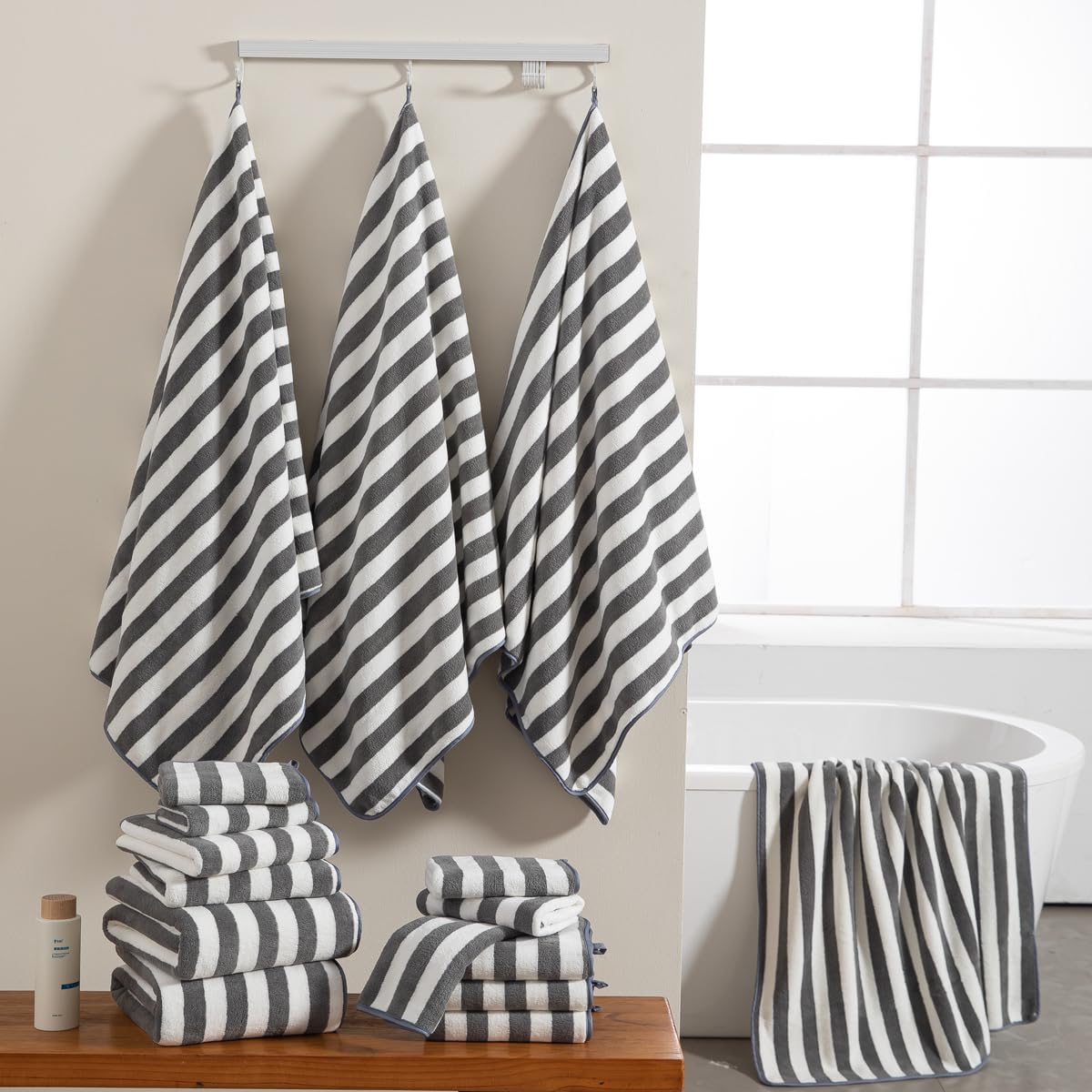 18 Set Loop-6 Towels,6 Towels,6 Set Pcs Gray Stripe Bath Towel with Hanging Bath Hand Washcloths Soft Family Towels