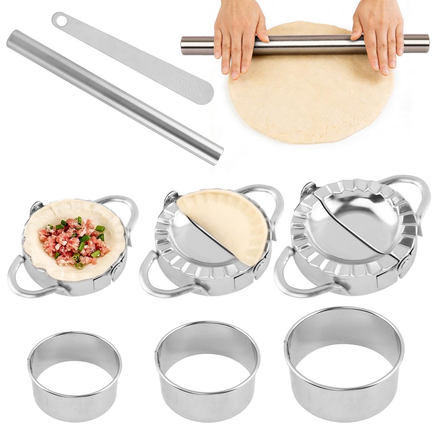 Zorivane 8Pcs Dumpling Maker Set, Stainless Steel Empanada Maker Press with Rolling Pin and Stuffing Scoop, Dough Cutter Dumpling Mold for Ravioli Pierogi Calzone, 3 Sizes