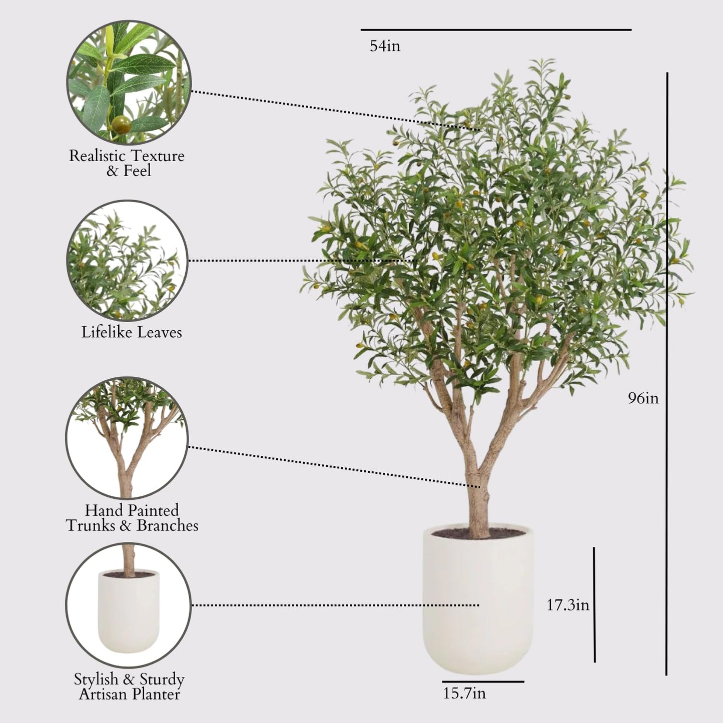 CG Hunter Faux Olive Tree, Premium Artificial Indoor & Outdoor Tree Stands 8' Tall, Lifelike-Leaves & Hand Painted Trunk, White Pot Included