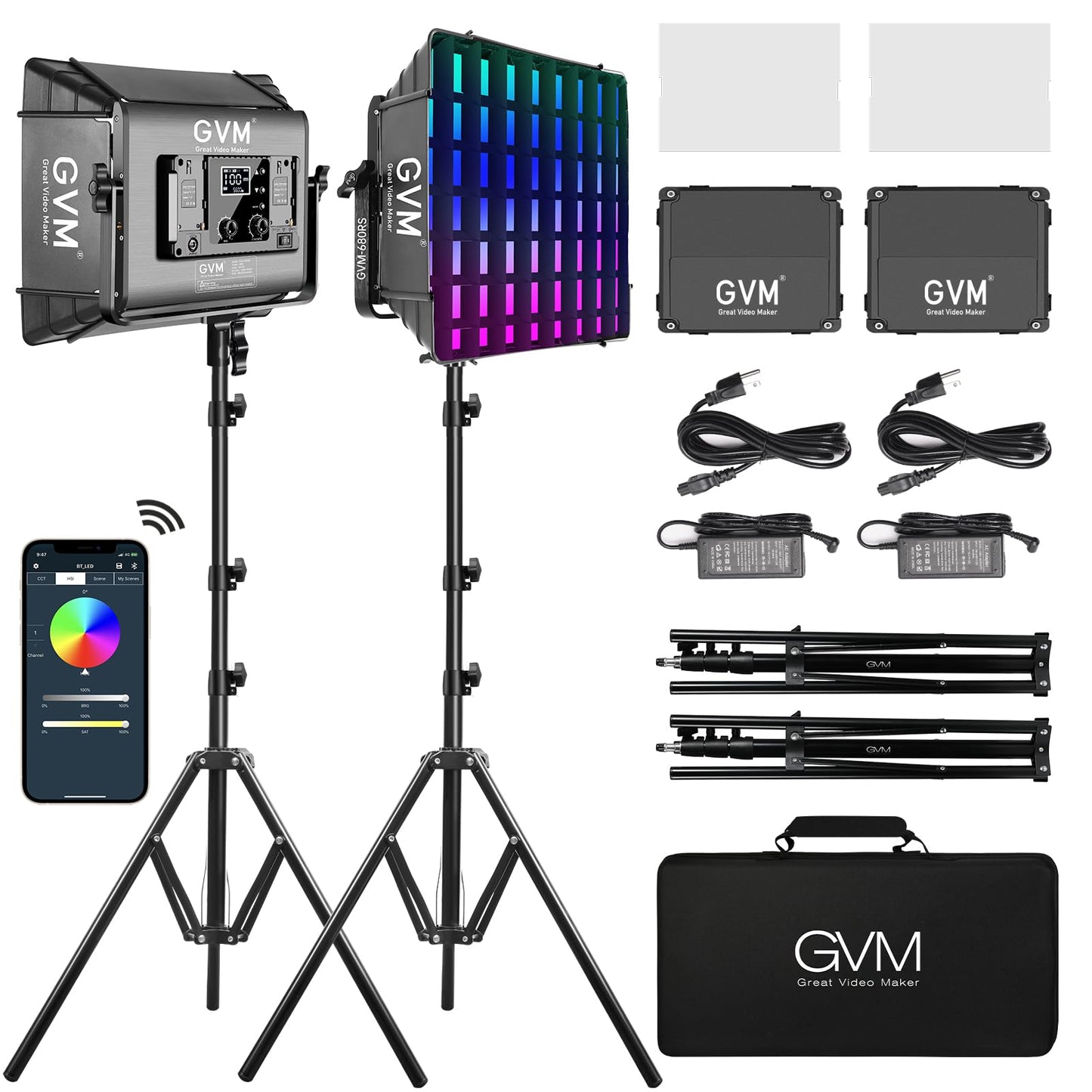GVM RGB Photography Lighting Kits with 2 Softboxes, 680RS 50W Studio Lights with Bluetooth Control, 2 Packs Video Light with 18 Lighting Scenes, led Panel Lights for Video Recording, 8500lux/0.5m