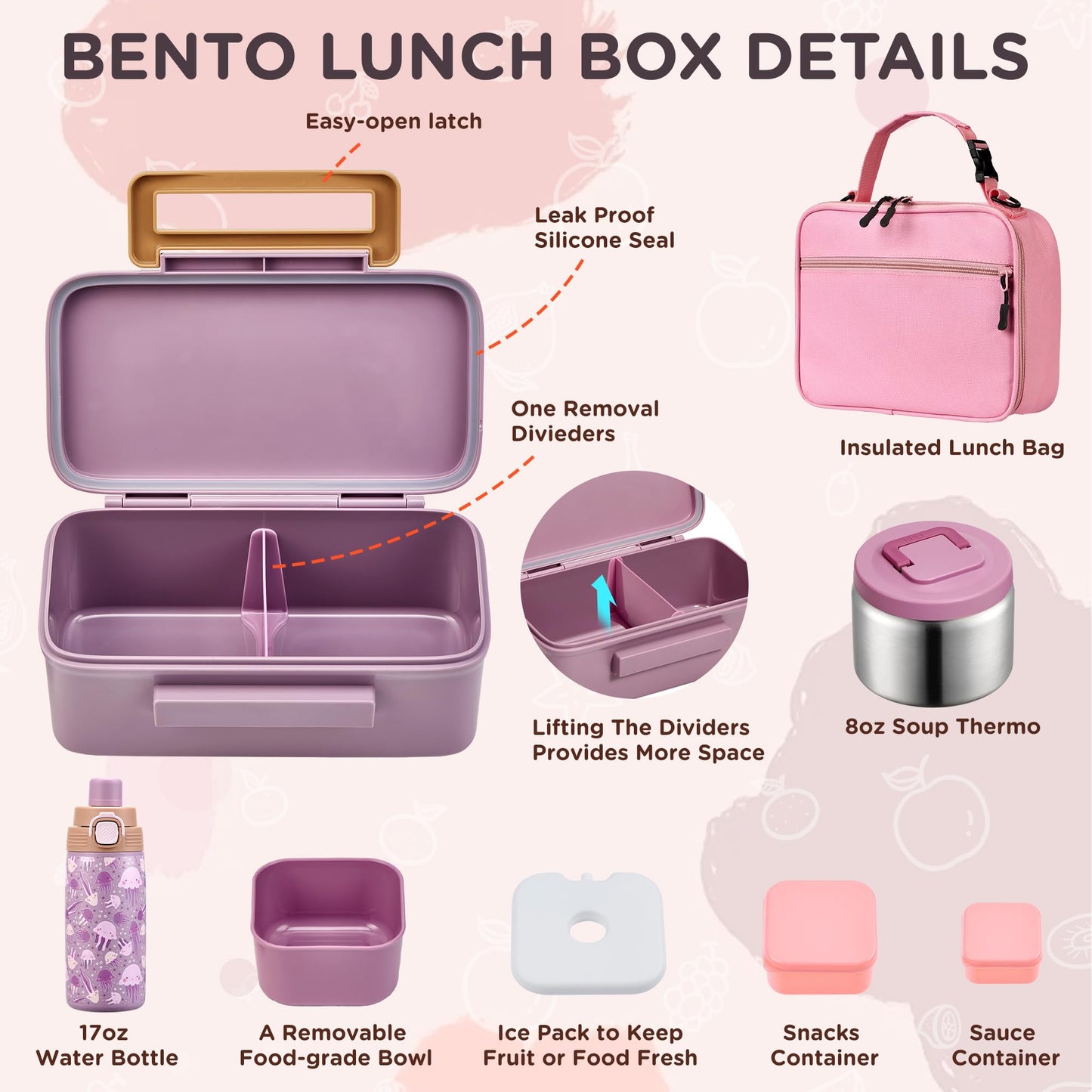 MAISON HUIS Bento Box for Kids with 8oz Soup Thermo, Insulated Lunch Bag & 17oz Water Bottle, 2-Compartment Bento Box with Built-In Ice Pack, Leak-Proof & BPA-Free