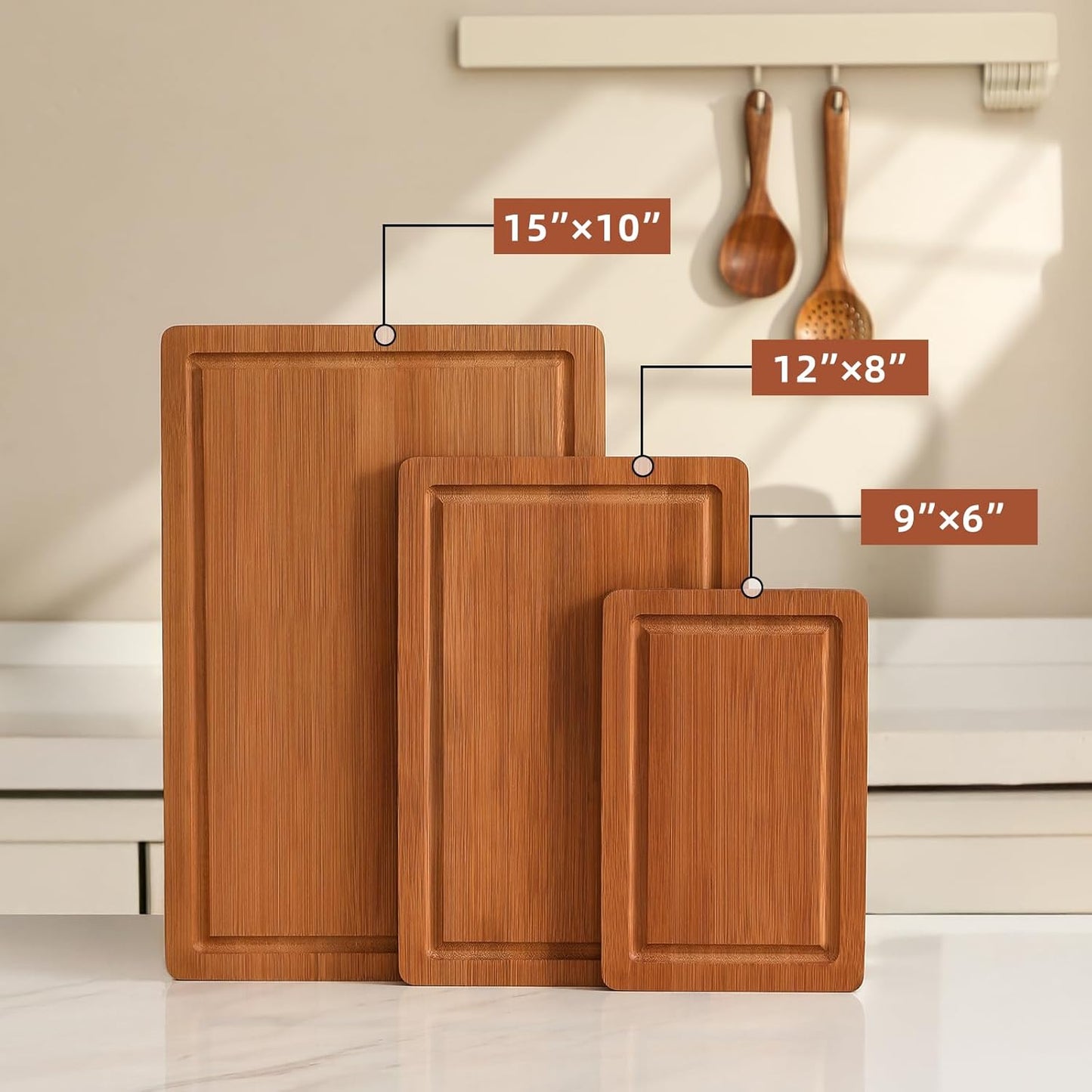 Snuvid Set 3, Bamboo Cutting Board of Wood Cutting Boards for Kitchen with Juice Grooves, Durable Chopping Board