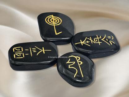 Amazing Gemstone Black Agate Crystal Reiki Stones with Engraved Symbols for Usui Reiki Healing, Set of 4 Pcs (Indian Handmade Reiki Gift Set)