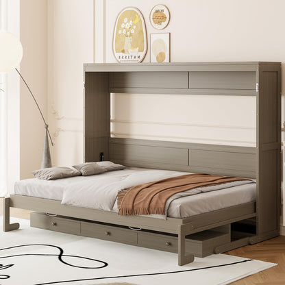 Ball & Cast Murphy Bed Queen W/Built-in Vanity Desk,Murphy Frame Cabinet W/ 2 Side Drawers,Wood Hide Away Wall Bed W/Center Mirror,for Bedroom,Home Office,Home Gym,Distressed Gray