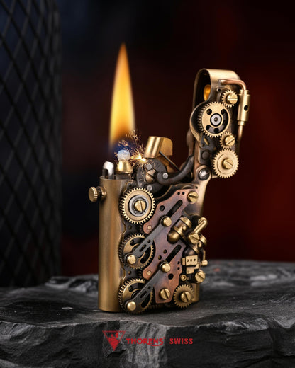 Classic Retro Automatic Ejection Steampunk Kerosene Lighter, Brass, Flint, Grinding Wheel, Gear, Linkage, Mechanical, Complex, Collectible, Men's Gift, Thorens Steampunk-Twin Torque (Bottom-Fill)