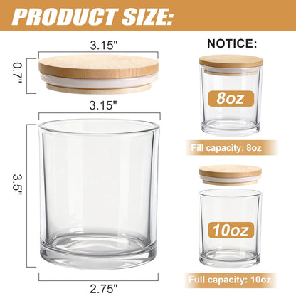 YJHSS 10oz Glass Candle Jars, 12-Pack Candles Jars for Making Candles, Empty Thick Glass Wide-Mouth Jars with Bamboo Lids & Wick Kits, Candle Containers Bulk - Clear