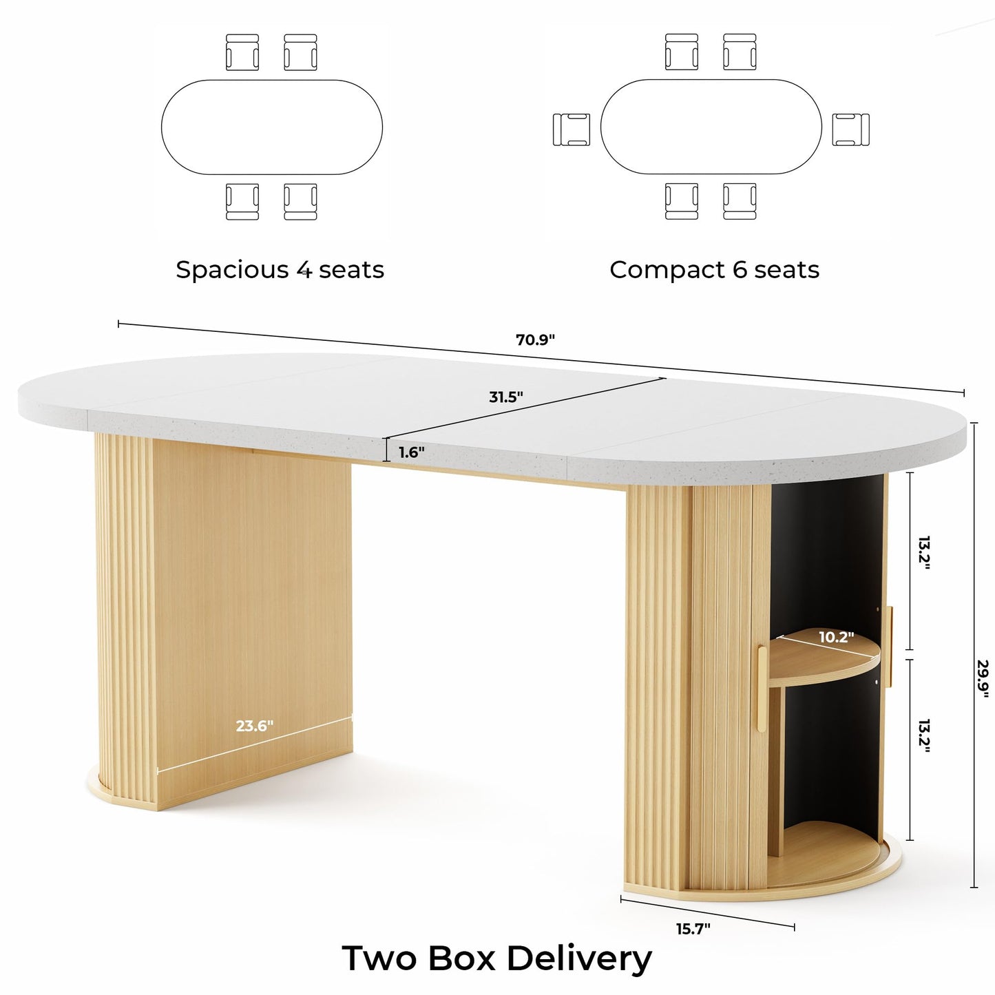 IRONCK 71" Oval Dining Table for 4-6 with Hidden Storage, Modern Farmhouse Kitchen Table with Fluted Semi-Cylindrical Legs, Faux Quartz Top for Dining Room, Kitchen, Living Room & Home Office (Oak)