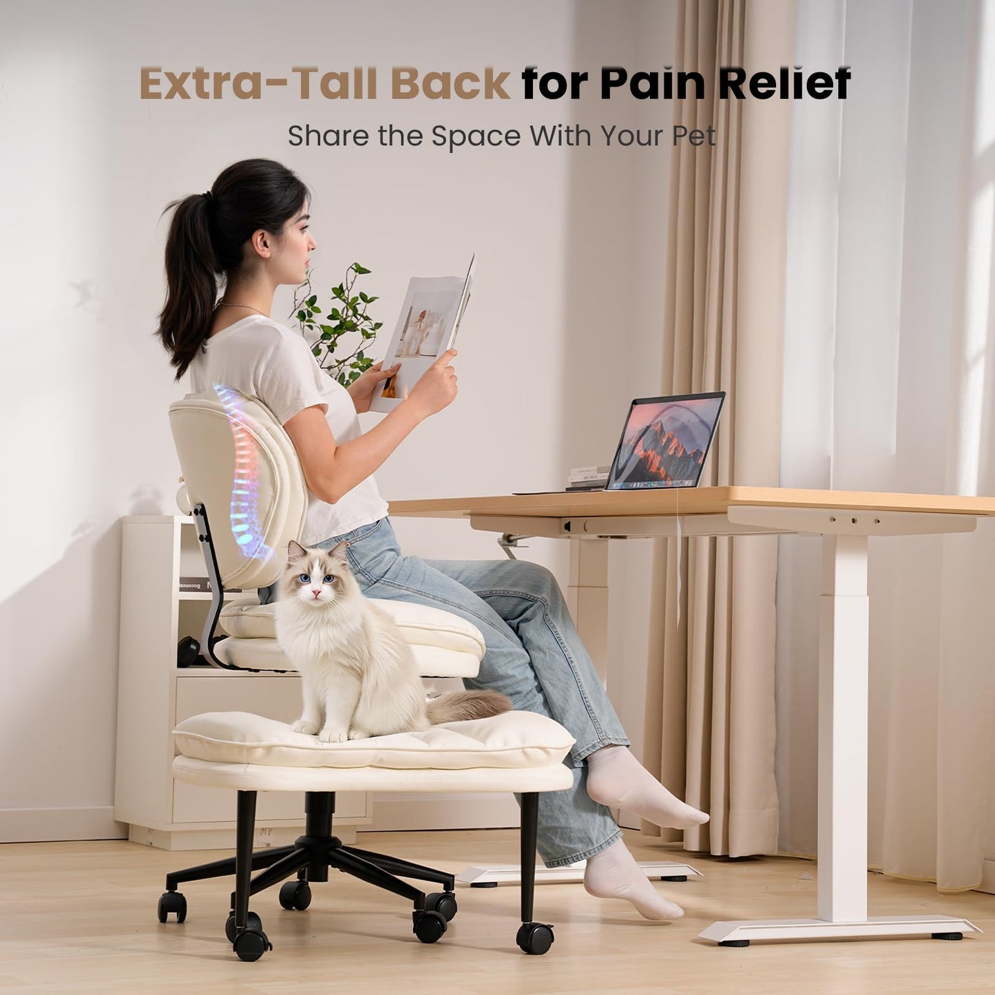 HOMRELEXA Extra-Wide & Tall Cross-Legged Office Chair – Deeply-Padded Cloud Seat, Ergonomic Back Support, Adjustable Height for ADHD & Meditation, White