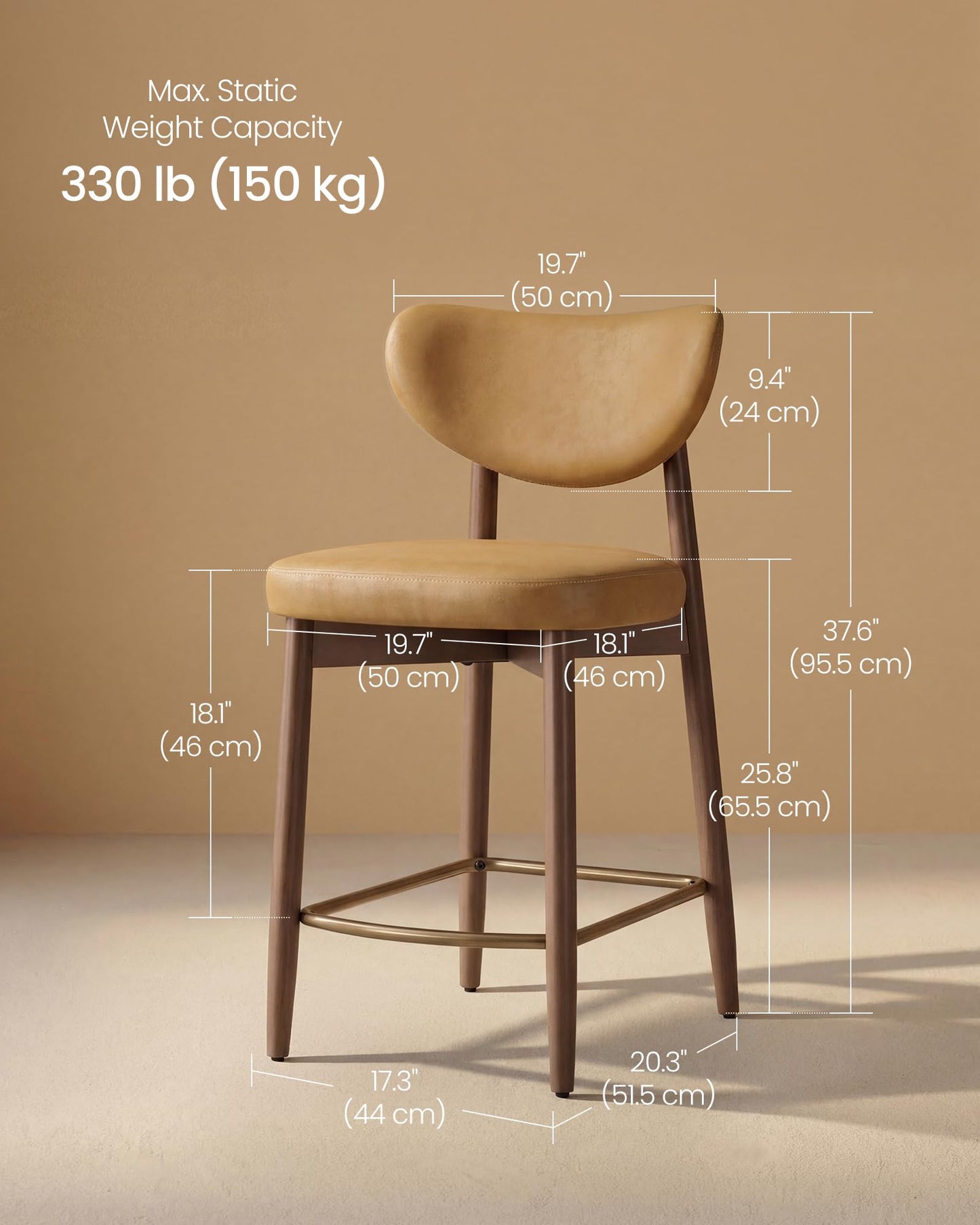 VASAGLE Wooden Bar Stools Set of 4, Upholstered Counter Height Barstools with Solid Wood Legs, Ergonomic Backrest, Mid Century Modern, for Kitchen Island, Synthetic Leather, Caramel Brown