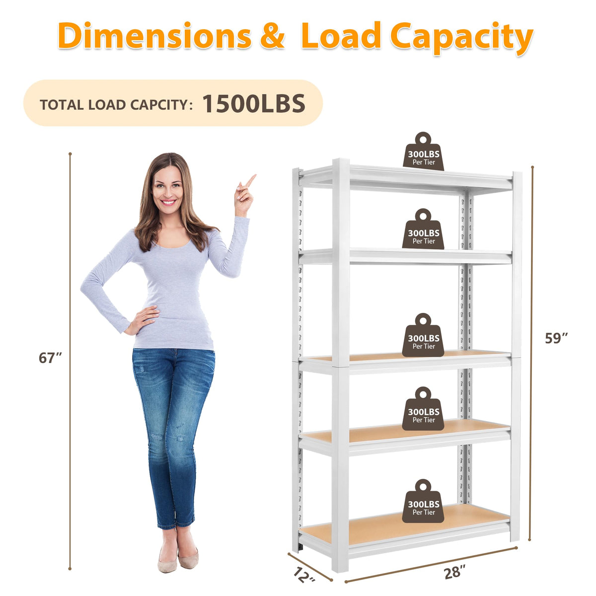 skillmaid 5 Tier White Storage Shelves - Adjustable Pantry Shelves Metal Closet Shelf, Heavy Duty Shelving Unit Utility Rack Organizer for Kitchen Closet Pantry Garage, 28" W x 12" D x 59" H, Set of 4