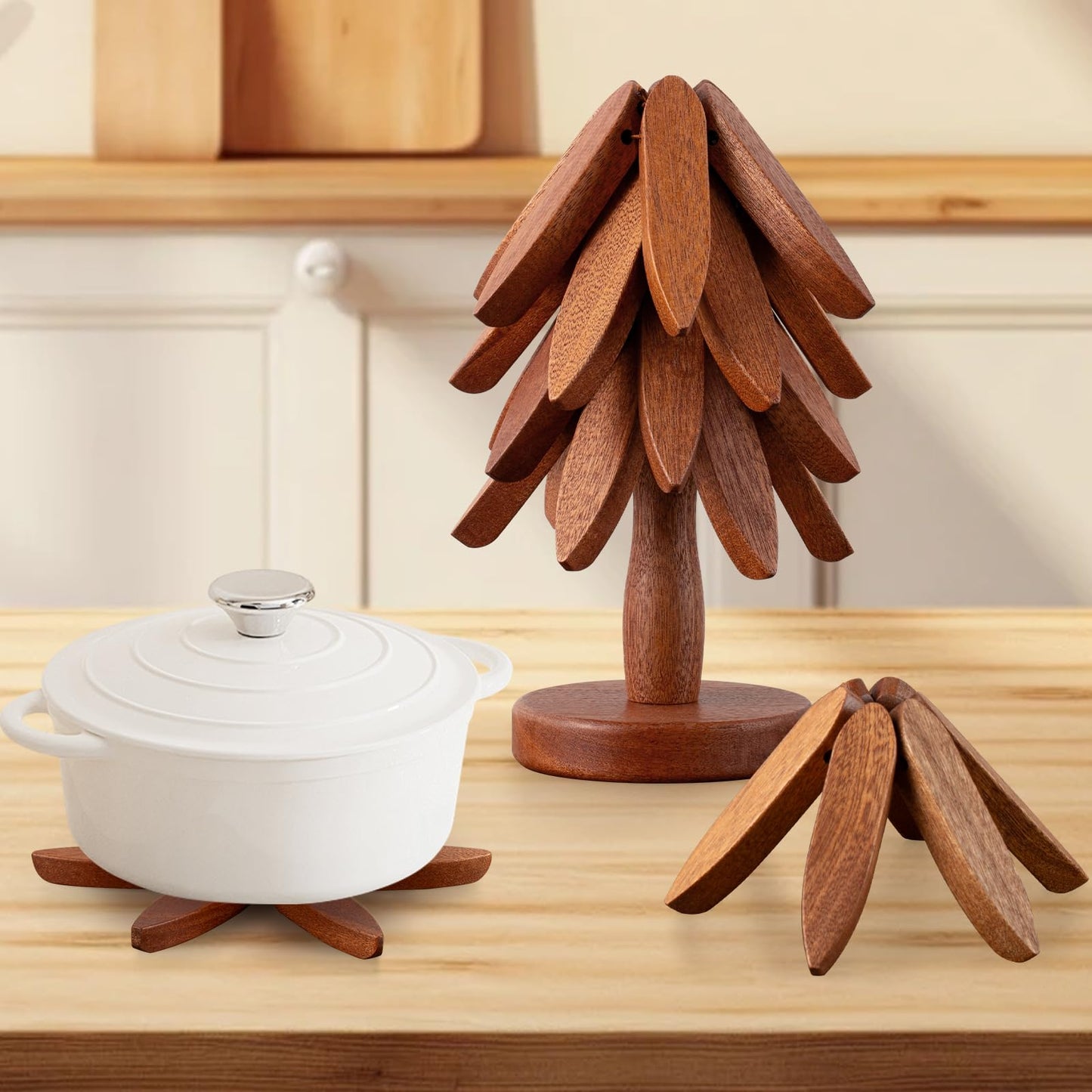 Vertdens Wooden Trivets for Hot Dishes, Hot Dish Coaster with Tree-Shaped Wood Collapsible Hot Pad Trivet Tree for Restaurant, 4 Wooden Trivet + 1 Stand（Walnut Wood）