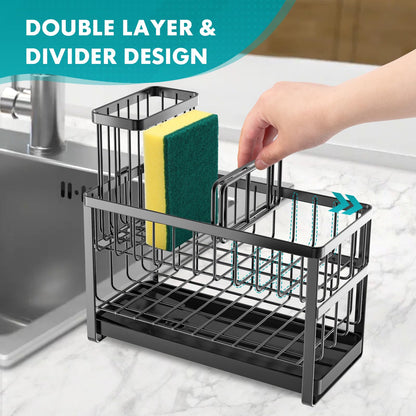 Sinnsally Kitchen Sponge Holder,Sink Caddy Organizer with High Brush Holder,Stainless Steel Sink Box Dish Scrubber Holder,Soap Tray for Kitchen Counter Accessories & Storage Rack(2 Tier - Black)