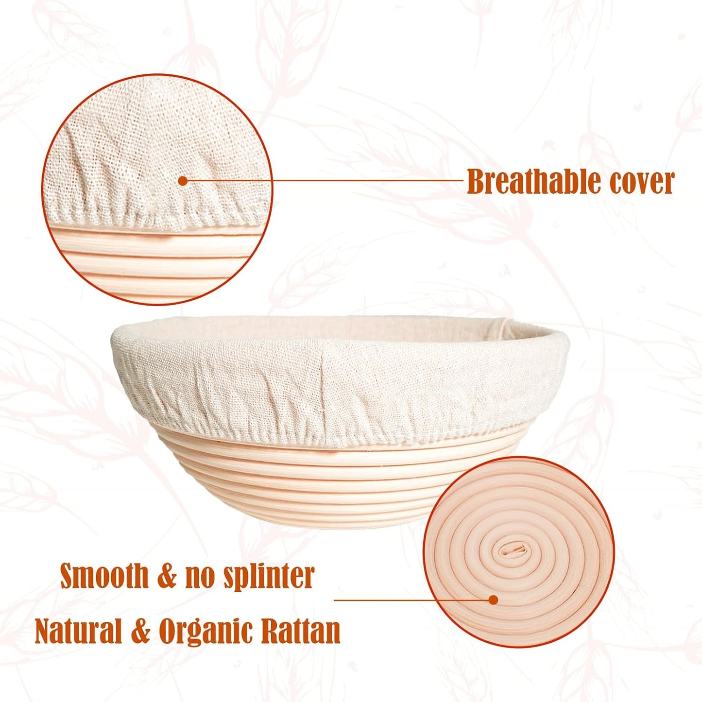 Bread Proofing Basket Set of 2, 8 Inch & 9 Inch Round, Rattan Basket Bowls with Bread Making Tools for Sourdough Baking