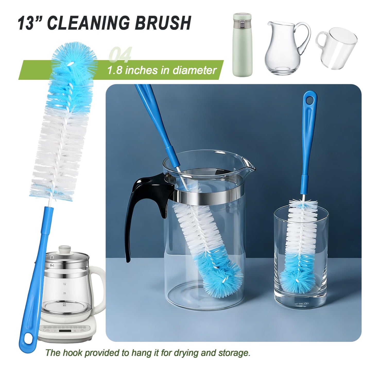 9Pcs Bottle Cleaning Brush Set with Long Handle, Nylon Tube Brush Cup Cleaner, Straw Brushes for Washing Narrow Neck Water Bottle Pipes Kettle Spout Cleaning