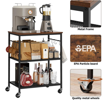 Homleke 3-Tier Rolling Kitchen Microwave Cart, Kitchen Utility Cart on Lockable Wheels, Coffee Bar Table Station with 6 S-Shaped Hooks, Small Appliance Storage Shelf, Rustic Brown and Black