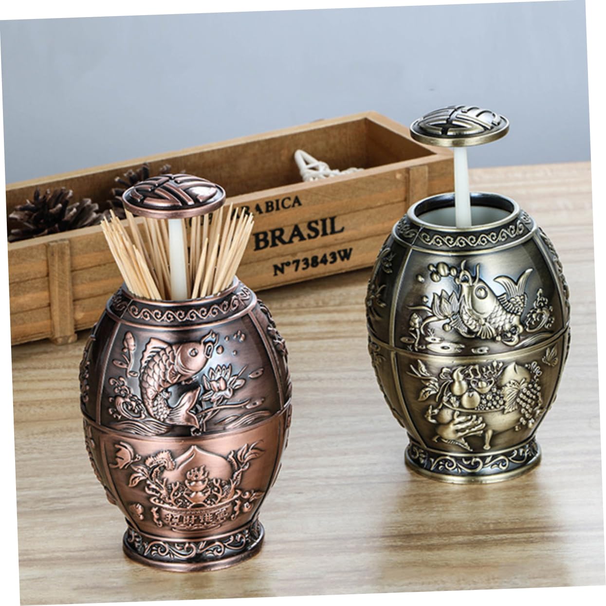 MAGICLULU Fu Word Hand Press Toothpick Barrel Toothpick Storage Tube Holder Dispenser Automatic Dispenser Vintage Holders s Metal Chinese Style