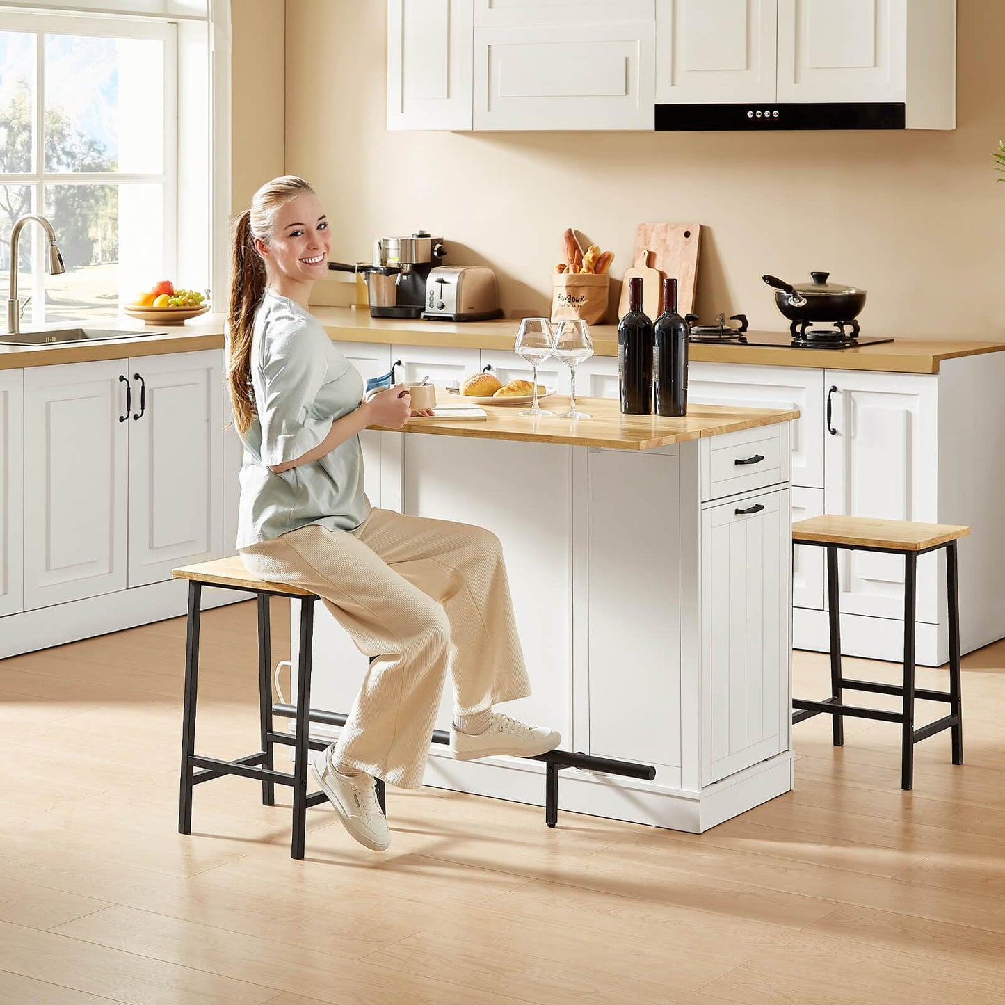 ONBRILL Stationary Kitchen Islands Include 2 Chairs, 47" Kitchen Island with Drop Leaf, Home Bar Table with Spice Rack & with Trash Cabinet, Island Table for Dining Room with Power Outlet, White