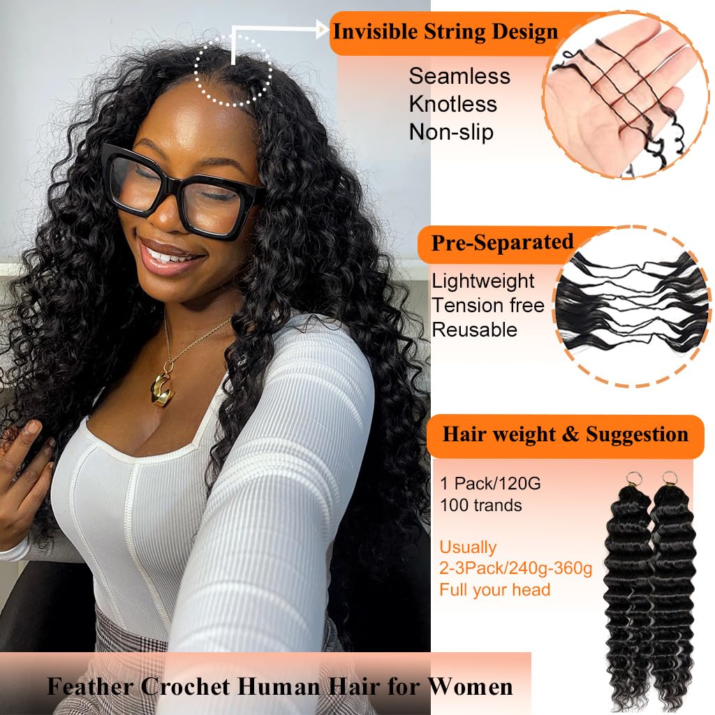 20 Inch Feather Crochet Human Hair for Black Women Miracle Knots Crochet Bundles 120g Pre-Separated Deep Curly Wave Crochet Human Hair Extensions Reusable Knotless Invisible 100 Strands CNZZJX